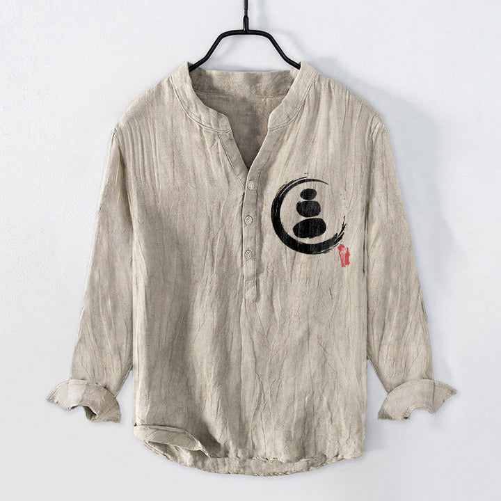 Camisa de manga larga de lino y algodón para hombre con estampado de piedras Buddha Stones y medio botón. - Lino - US/UK/AU50, EU60 (5XL) - image 3