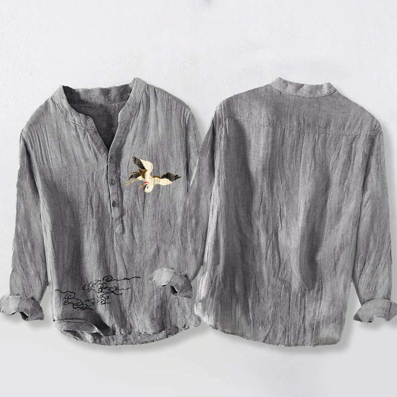 Camisa de manga larga de lino y algodón para hombre con diseño de grullas, nubes y Buddha Stones, con botones y botones. - image 2