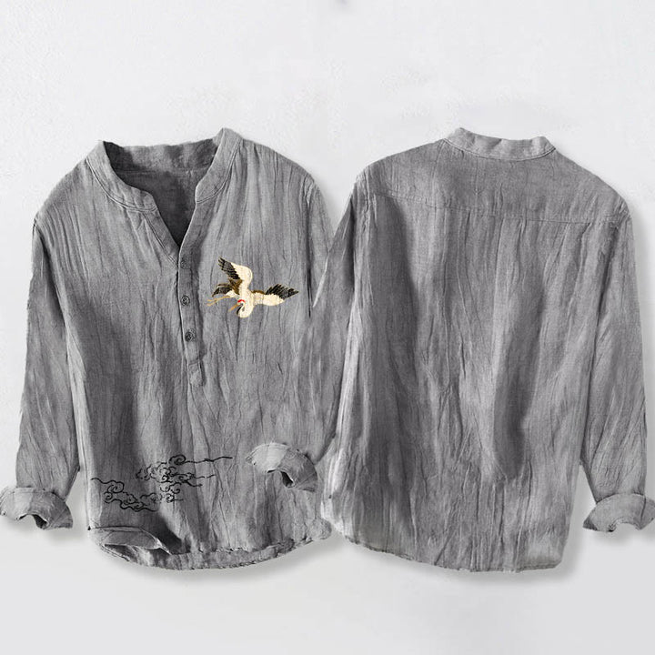 Camisa de manga larga de lino y algodón para hombre con diseño de grullas, nubes y Buddha Stones, con botones y botones. - image 2