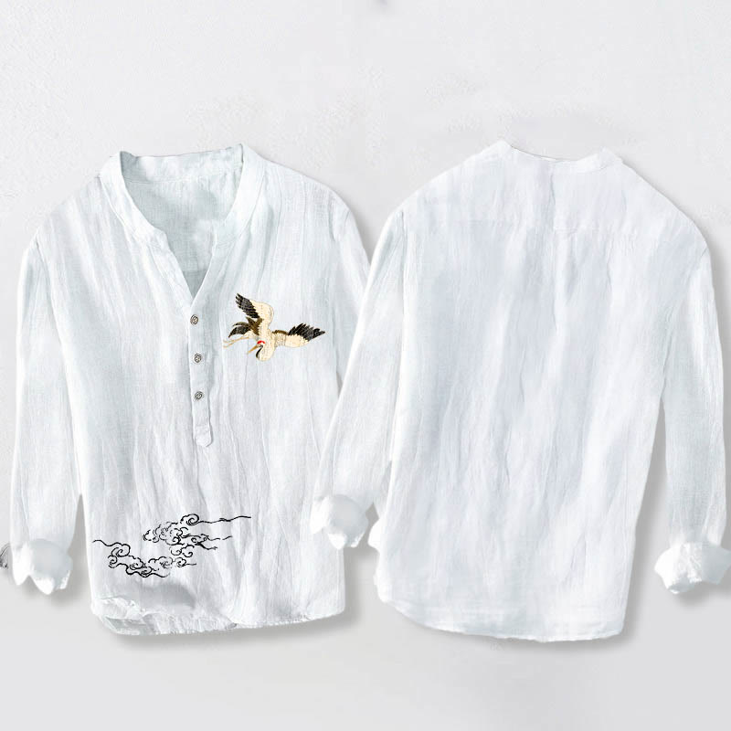 Camisa de manga larga de lino y algodón para hombre con diseño de grullas, nubes y Buddha Stones, con botones y botones. - image 8