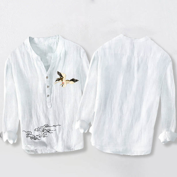 Camisa de manga larga de lino y algodón para hombre con diseño de grullas, nubes y Buddha Stones, con botones y botones. - image 8