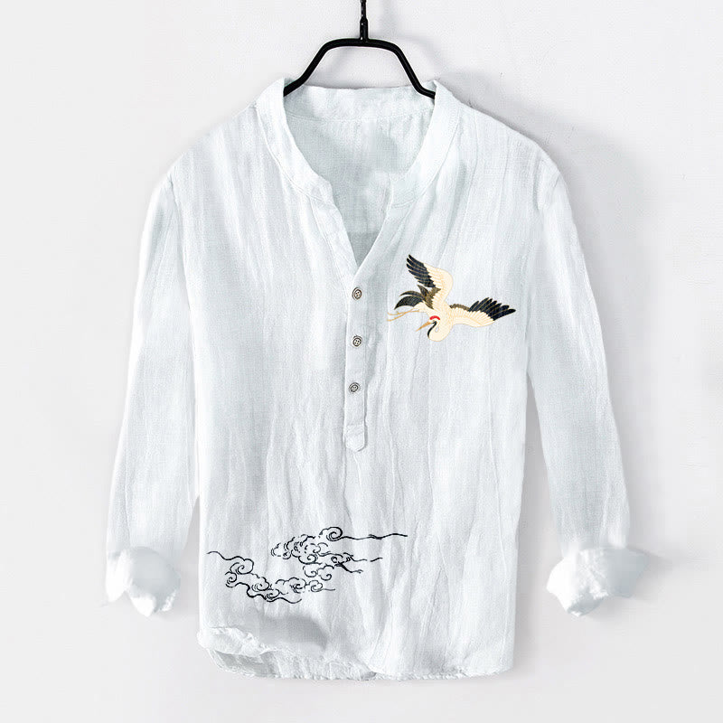 Camisa de manga larga de lino y algodón para hombre con diseño de grullas, nubes y Buddha Stones, con botones y botones. - Blanco - US/UK/AU50, EU60 (5XL) - image 6