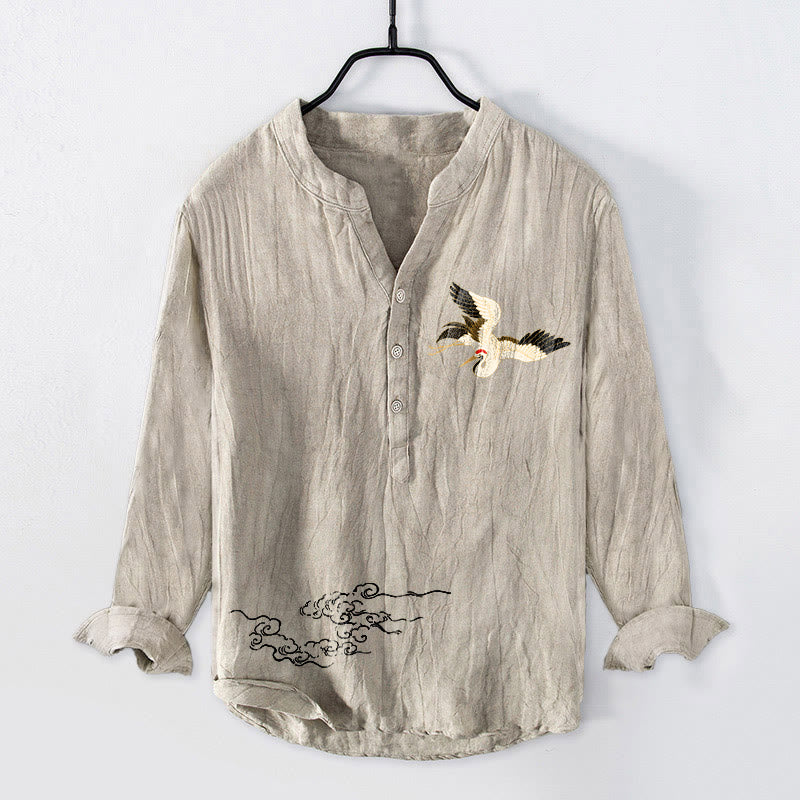 Camisa de manga larga de lino y algodón para hombre con diseño de grullas, nubes y Buddha Stones, con botones y botones. - Lino - US/UK/AU50, UE60 (5XL) - image 3