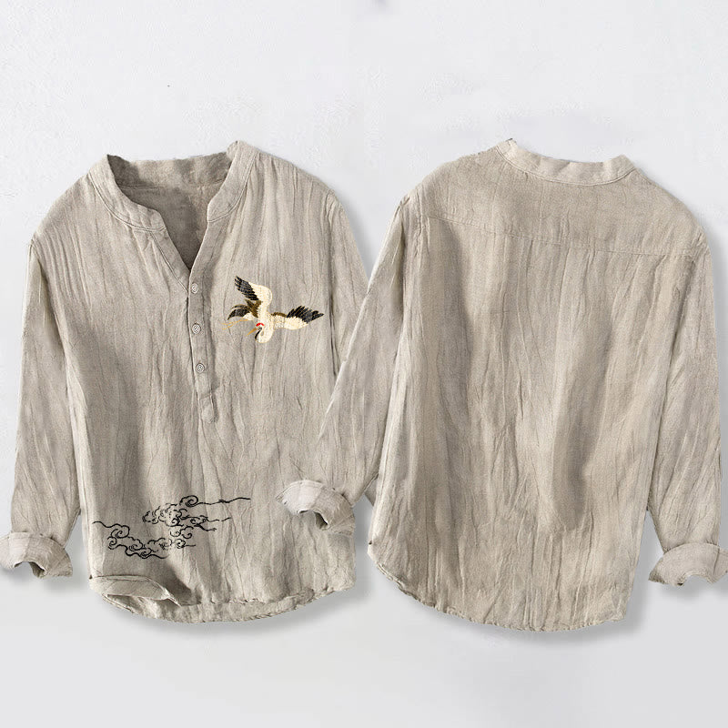 Camisa de manga larga de lino y algodón para hombre con diseño de grullas, nubes y Buddha Stones, con botones y botones. - image 5