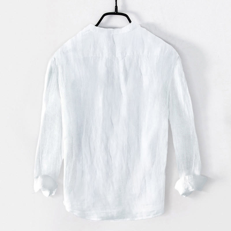 Camisa de manga larga de lino y algodón para hombre con estampado de Buddha Stones, bambú y personajes zen, con botones y medio cuerpo. - image 7