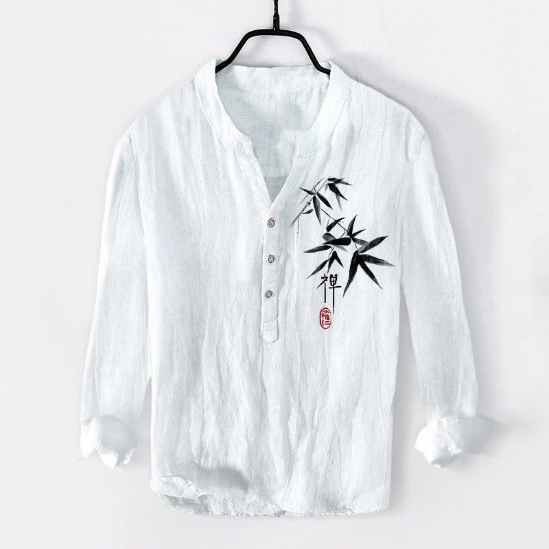 Camisa de manga larga de lino y algodón para hombre con estampado de Buddha Stones, bambú y personajes zen, con botones y medio cuerpo. - Blanco - US/UK/AU50, EU60 (5XL) - image 6
