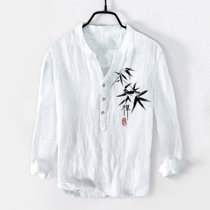 Camisa de manga larga de lino y algodón para hombre con estampado de Buddha Stones, bambú y personajes zen, con botones y medio cuerpo. - Blanco - US/UK/AU50, EU60 (5XL) - image 6