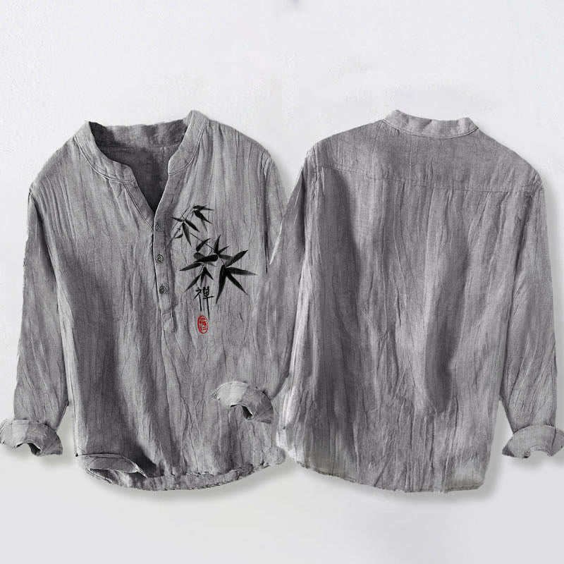 Camisa de manga larga de lino y algodón para hombre con estampado de Buddha Stones, bambú y personajes zen, con botones y medio cuerpo. - image 5