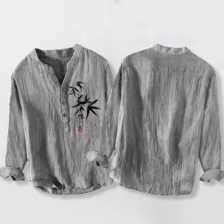 Camisa de manga larga de lino y algodón para hombre con estampado de Buddha Stones, bambú y personajes zen, con botones y medio cuerpo. - image 5