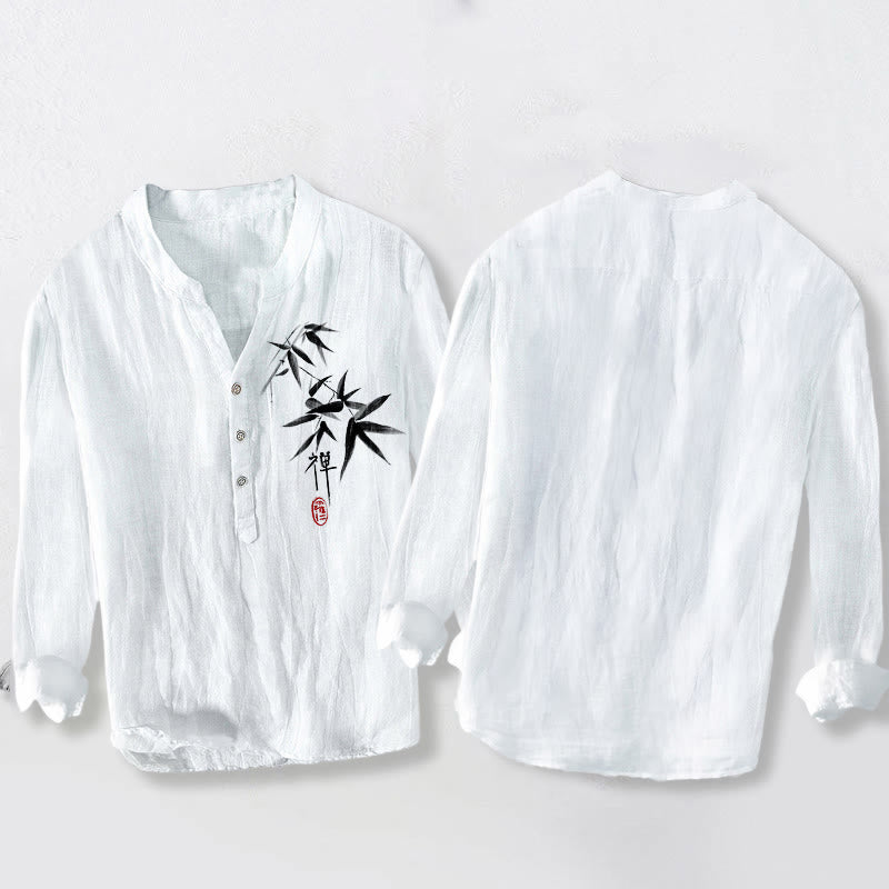 Camisa de manga larga de lino y algodón para hombre con estampado de Buddha Stones, bambú y personajes zen, con botones y medio cuerpo. - image 8