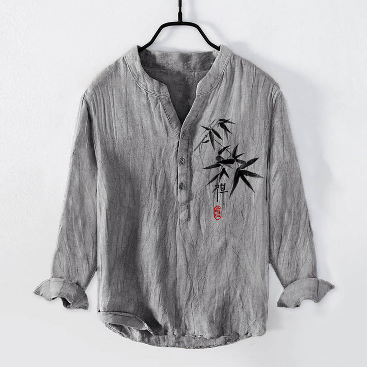 Camisa de manga larga de lino y algodón para hombre con estampado de Buddha Stones, bambú y personajes zen, con botones y medio cuerpo. - Gris - US/UK/AU50, UE60 (5XL) - image 3