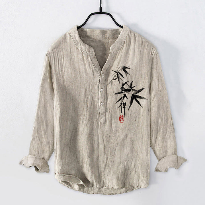 Camisa de manga larga de lino y algodón para hombre con estampado de Buddha Stones, bambú y personajes zen, con botones y medio cuerpo. - Lino - US/UK/AU50, UE60 (5XL) - image 0