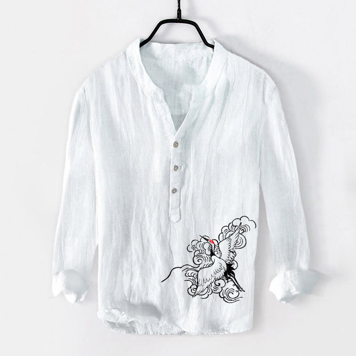 Camisa de manga larga de lino y algodón para hombre con diseño de grulla de corona roja, nubes y Buddha Stones , con botones a la izquierda - Blanco - US/UK/AU50, EU60 (5XL) - image 6