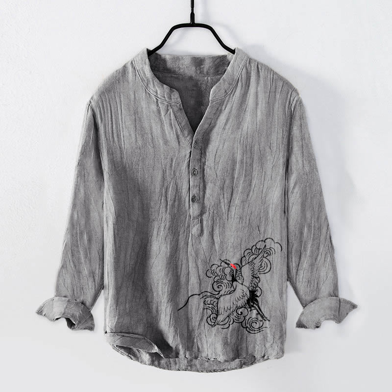 Camisa de manga larga de lino y algodón para hombre con diseño de grulla de corona roja, nubes y Buddha Stones , con botones a la izquierda - Gris - US/UK/AU50, EU60 (5XL) - image 3