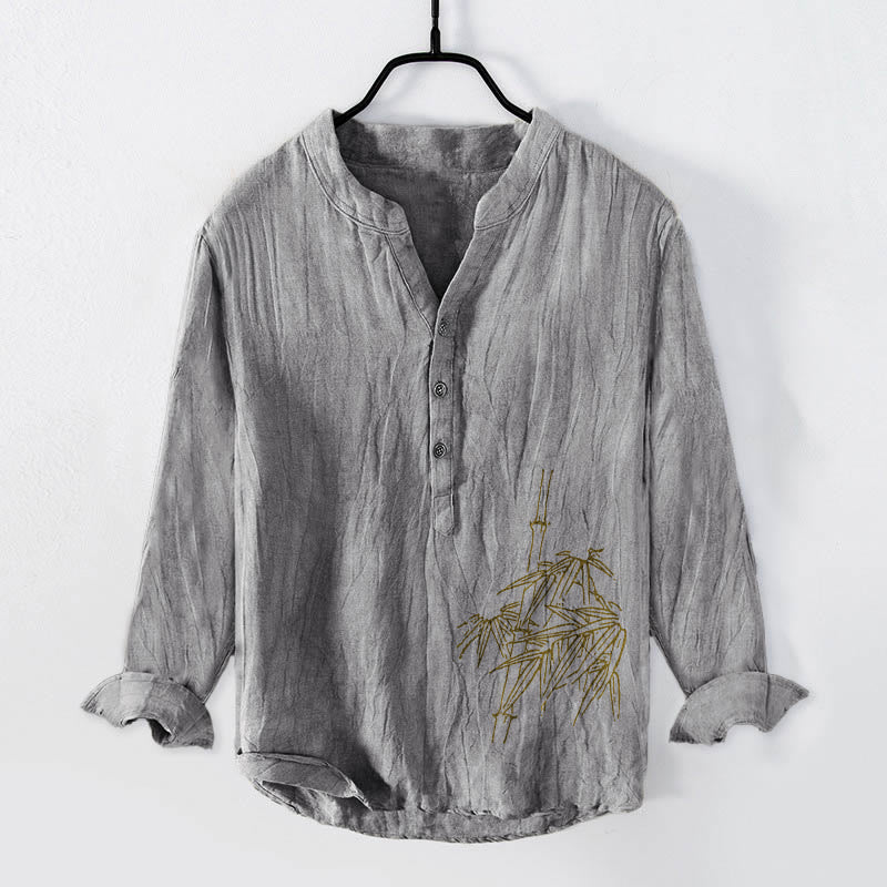 Camisa de manga larga de lino y algodón para hombre con estampado de hojas de bambú y Buddha Stones , con botones y botones. - Gris - US/UK/AU50, EU60 (5XL) - image 3