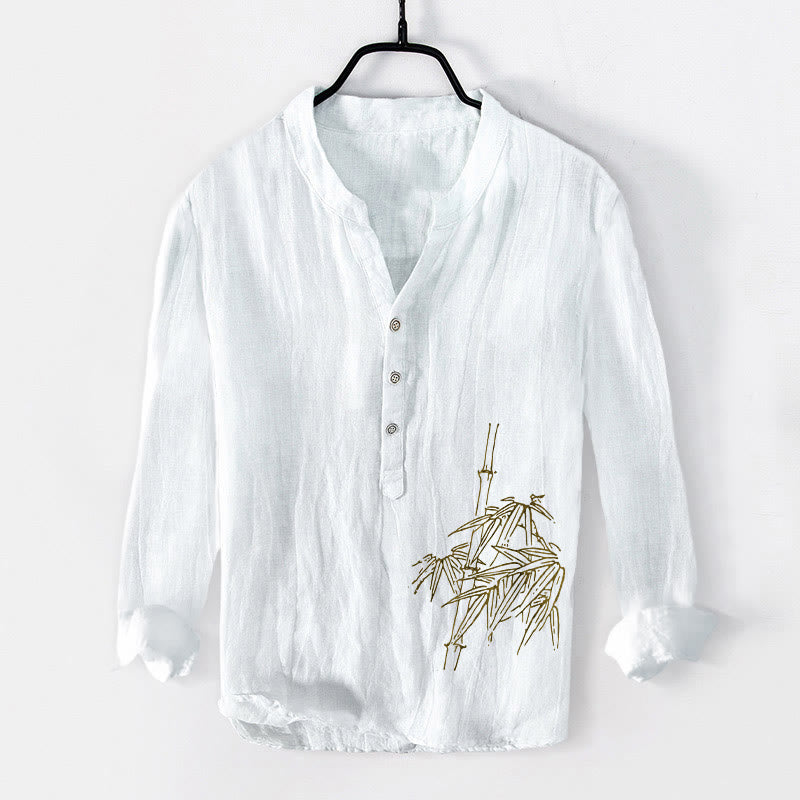 Camisa de manga larga de lino y algodón para hombre con estampado de hojas de bambú y Buddha Stones , con botones y botones. - Blanco - US/UK/AU50, EU60 (5XL) - image 0