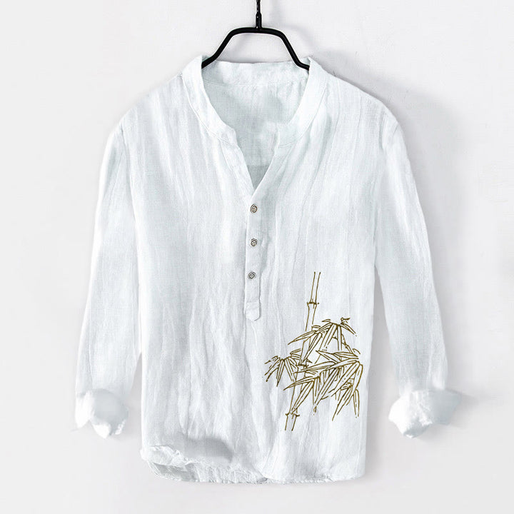 Camisa de manga larga de lino y algodón para hombre con estampado de hojas de bambú y Buddha Stones , con botones y botones. - Blanco - US/UK/AU50, EU60 (5XL) - image 0