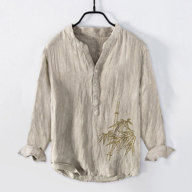 Camisa de manga larga de lino y algodón para hombre con estampado de hojas de bambú y Buddha Stones , con botones y botones. - Lino - US/UK/AU50, UE60 (5XL) - image 6