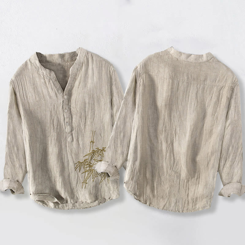 Camisa de manga larga de lino y algodón para hombre con estampado de hojas de bambú y Buddha Stones , con botones y botones. - image 8