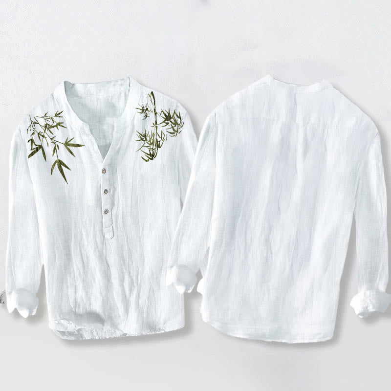 Camisa de manga larga de lino y algodón para hombre con estampado de hojas de bambú verde y Buddha Stones , con botones a la izquierda - image 8