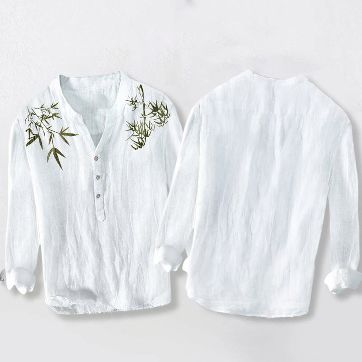 Camisa de manga larga de lino y algodón para hombre con estampado de hojas de bambú verde y Buddha Stones , con botones a la izquierda - image 8