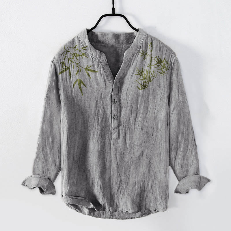 Camisa de manga larga de lino y algodón para hombre con estampado de hojas de bambú verde y Buddha Stones , con botones a la izquierda - Gris - US/UK/AU50, UE60 (5XL) - image 3