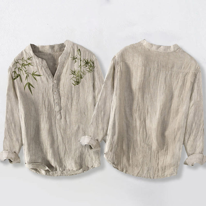 Camisa de manga larga de lino y algodón para hombre con estampado de hojas de bambú verde y Buddha Stones , con botones a la izquierda - image 2