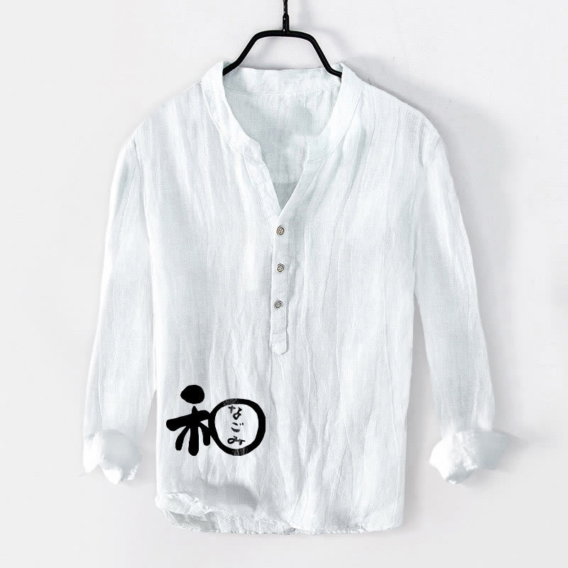 Camisa de manga larga de lino y algodón para hombre con diseño de armonía de caracteres chinos y Buddha Stones , con botones y medio botón. - Blanco - US/UK/AU50, EU60 (5XL) - image 0