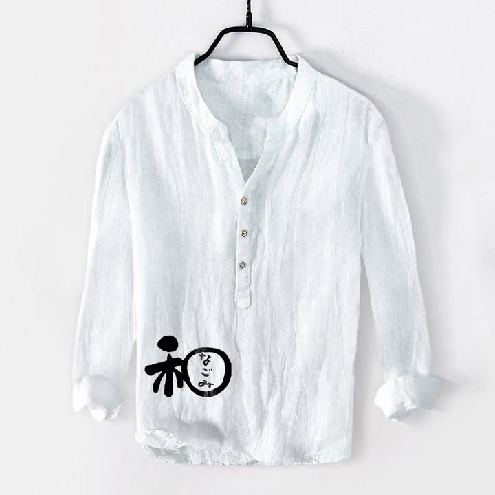 Camisa de manga larga de lino y algodón para hombre con diseño de armonía de caracteres chinos y Buddha Stones , con botones y medio botón. - Blanco - US/UK/AU50, EU60 (5XL) - image 0