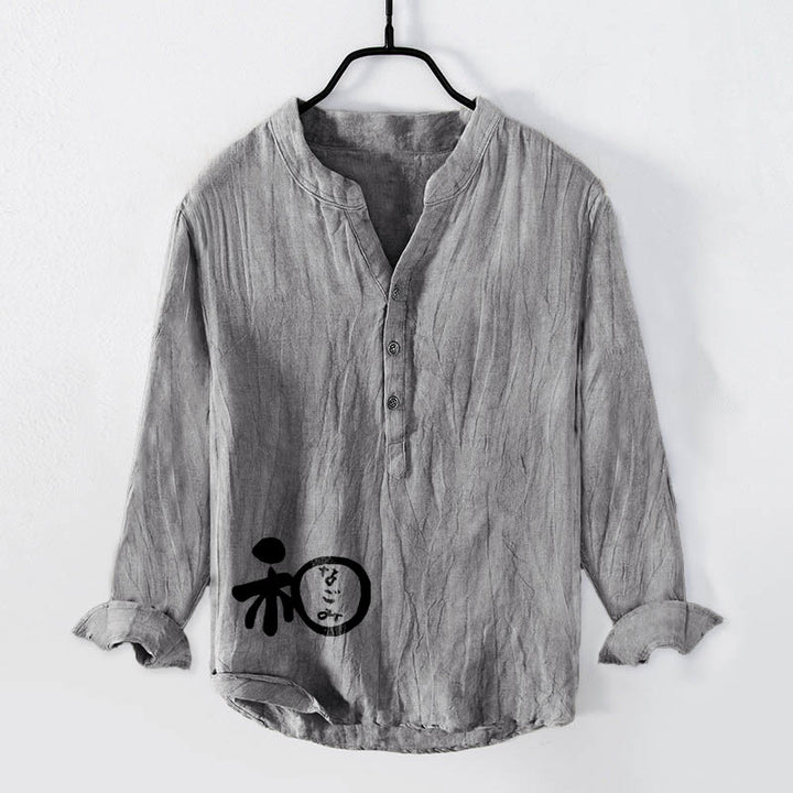 Camisa de manga larga de lino y algodón para hombre con diseño de armonía de caracteres chinos y Buddha Stones , con botones y medio botón. - Gris - US/UK/AU50, EU60 (5XL) - image 6