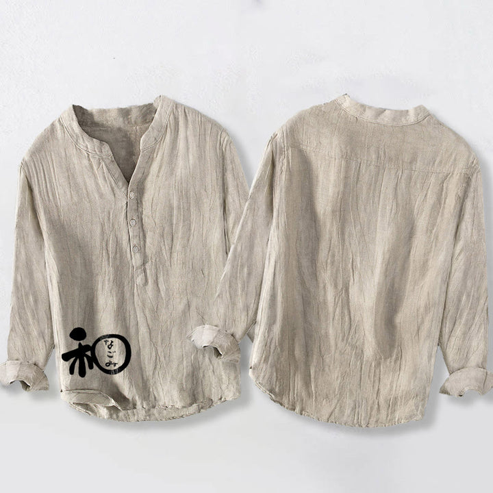 Camisa de manga larga de lino y algodón para hombre con diseño de armonía de caracteres chinos y Buddha Stones , con botones y medio botón. - image 5