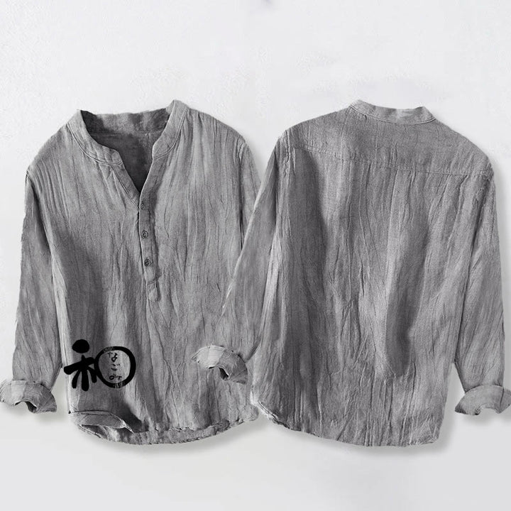 Camisa de manga larga de lino y algodón para hombre con diseño de armonía de caracteres chinos y Buddha Stones , con botones y medio botón. - image 8