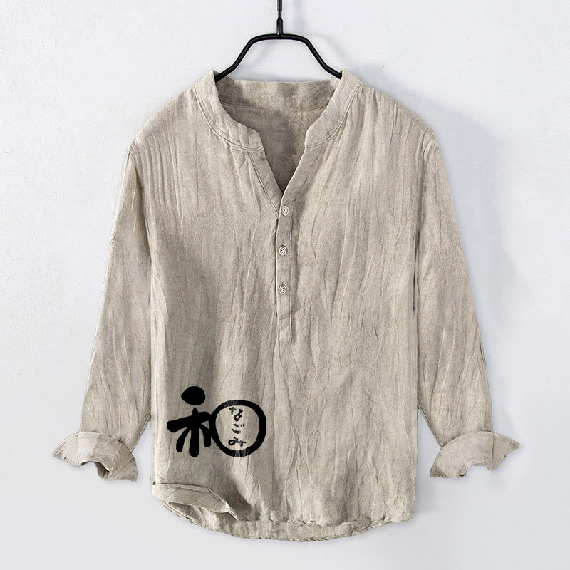 Camisa de manga larga de lino y algodón para hombre con diseño de armonía de caracteres chinos y Buddha Stones , con botones y medio botón. - Lino - US/UK/AU50, EU60 (5XL) - image 3