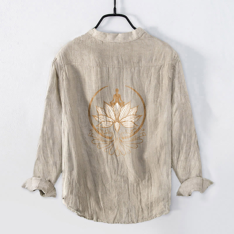 Camisa de manga larga de algodón y lino para hombre con diseño de loto y Buddha Stones en meditación, con botones y medio botón. - image 5