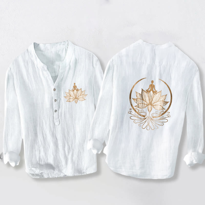 Camisa de manga larga de algodón y lino para hombre con diseño de loto y Buddha Stones en meditación, con botones y medio botón. - Blanco - US/UK/AU50, EU60 (5XL) - image 6