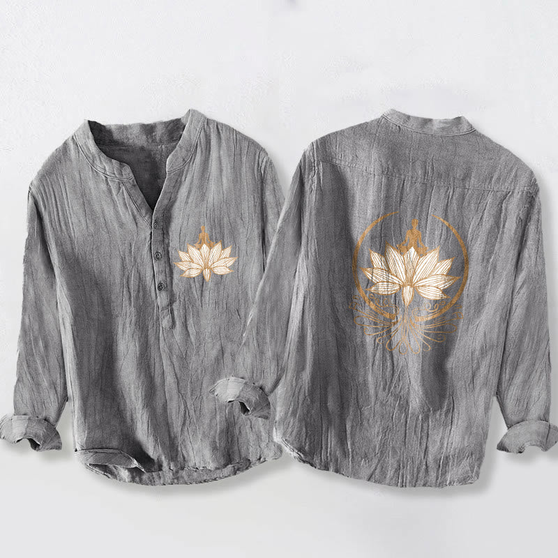 Camisa de manga larga de algodón y lino para hombre con diseño de loto y Buddha Stones en meditación, con botones y medio botón. - Gris - US/UK/AU50, EU60 (5XL) - image 0