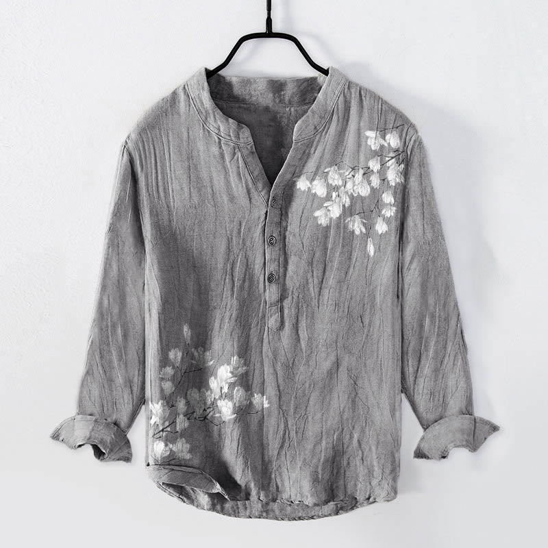 Camisa de manga larga de lino y algodón para hombre con estampado de ramas de magnolia y piedras de Buddha Stones . - Gris - US/UK/AU50, UE60 (5XL) - image 0
