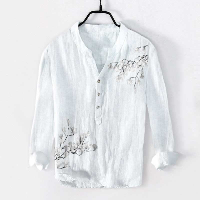 Camisa de manga larga de lino y algodón para hombre con estampado de ramas de magnolia y piedras de Buddha Stones . - Blanco - US/UK/AU50, EU60 (5XL) - image 6