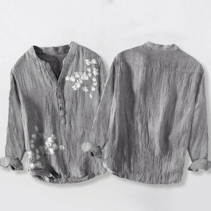 Camisa de manga larga de lino y algodón para hombre con estampado de ramas de magnolia y piedras de Buddha Stones . - image 2