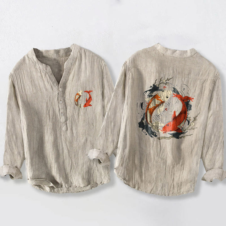 Camisa de manga larga de lino y algodón para hombre con diseño de pez koi, Yin Yang, rojo y blanco, con botones y Buddha Stones - Lino - US/UK/AU50, EU60 (5XL) - image 0