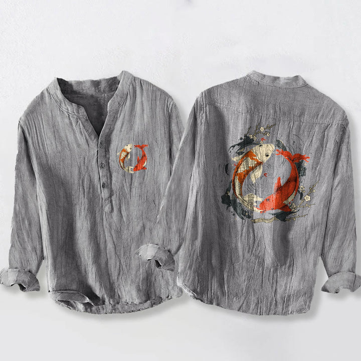 Camisa de manga larga de lino y algodón para hombre con diseño de pez koi, Yin Yang, rojo y blanco, con botones y Buddha Stones - Gris - US/UK/AU50, EU60 (5XL) - image 3