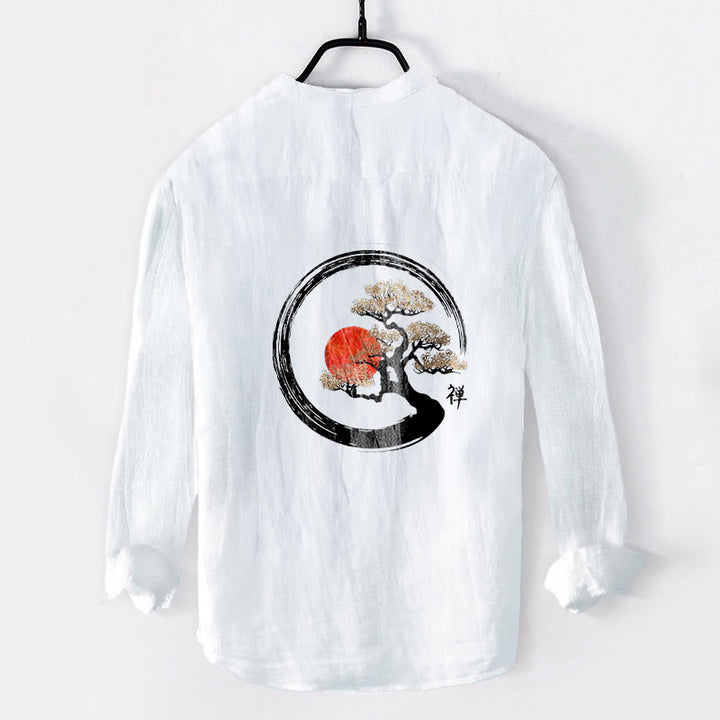 Camisa de manga larga de algodón y lino para hombre, con diseño de Buddha Stones, zen, pino y sol, con botones y medio cuello. - image 8