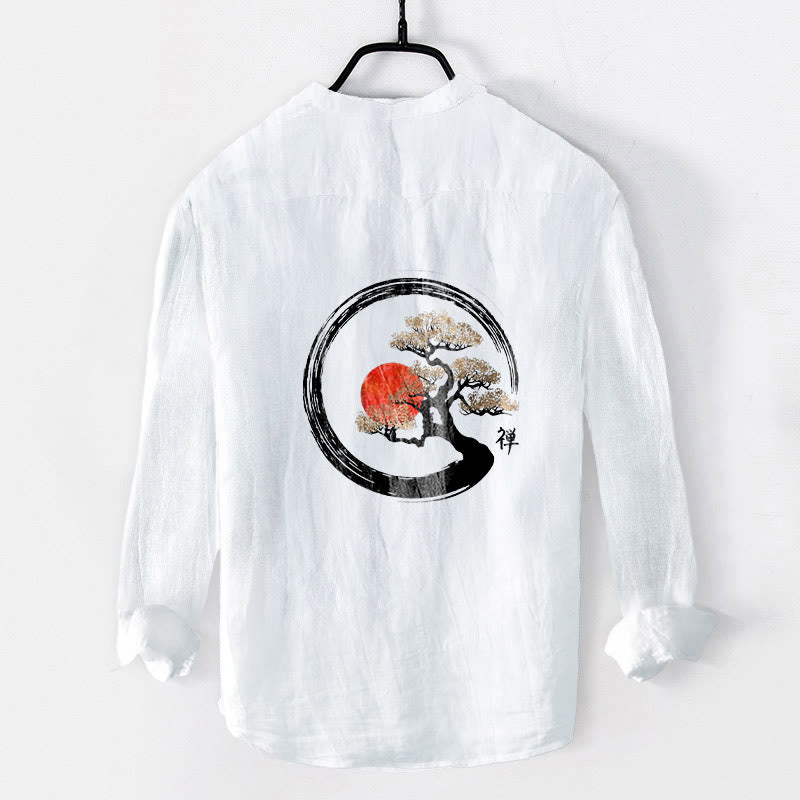 Camisa de manga larga de algodón y lino para hombre, con diseño de Buddha Stones, zen, pino y sol, con botones y medio cuello. - image 8