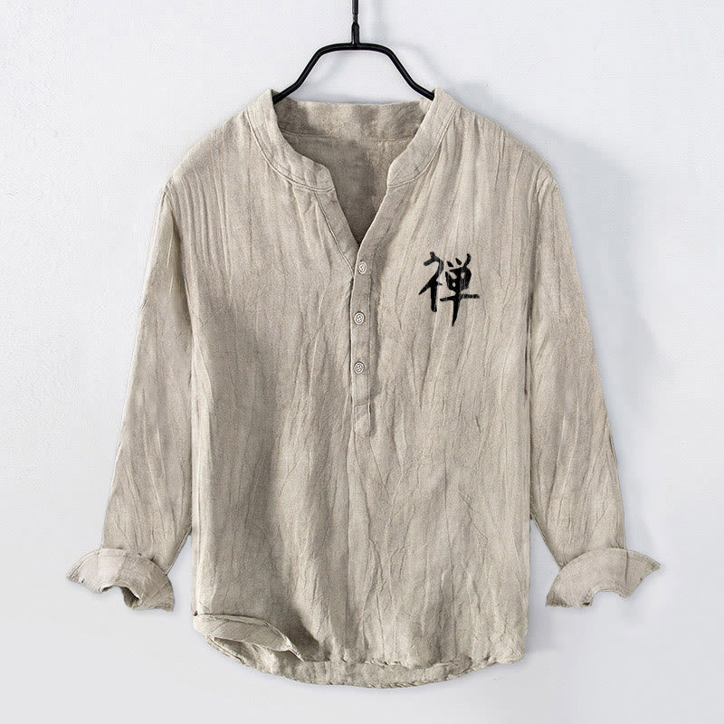 Camisa de manga larga de algodón y lino para hombre, con diseño de Buddha Stones, zen, pino y sol, con botones y medio cuello. - image 4