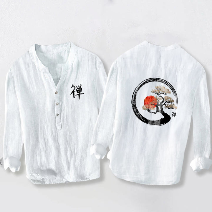 Camisa de manga larga de algodón y lino para hombre, con diseño de Buddha Stones, zen, pino y sol, con botones y medio cuello. - Blanco - US/UK/AU50, EU60 (5XL) - image 6