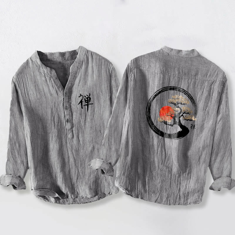 Camisa de manga larga de algodón y lino para hombre, con diseño de Buddha Stones, zen, pino y sol, con botones y medio cuello. - Gris - US/UK/AU50, EU60 (5XL) - image 0