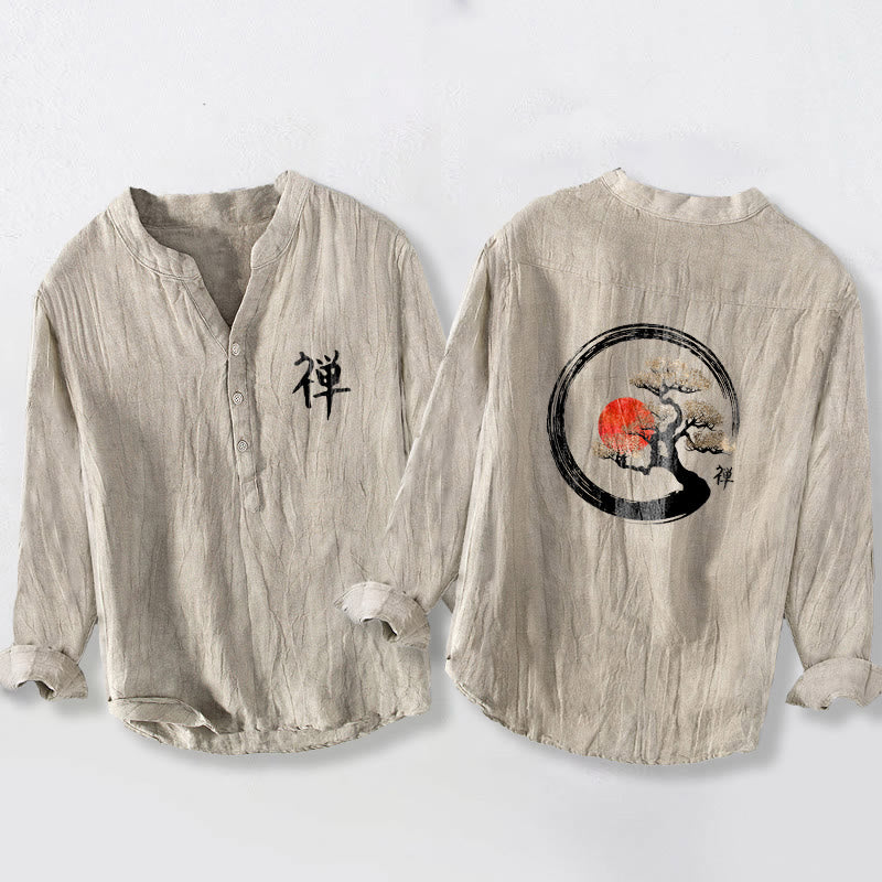 Camisa de manga larga de algodón y lino para hombre, con diseño de Buddha Stones, zen, pino y sol, con botones y medio cuello. - Lino - US/UK/AU50, EU60 (5XL) - image 3