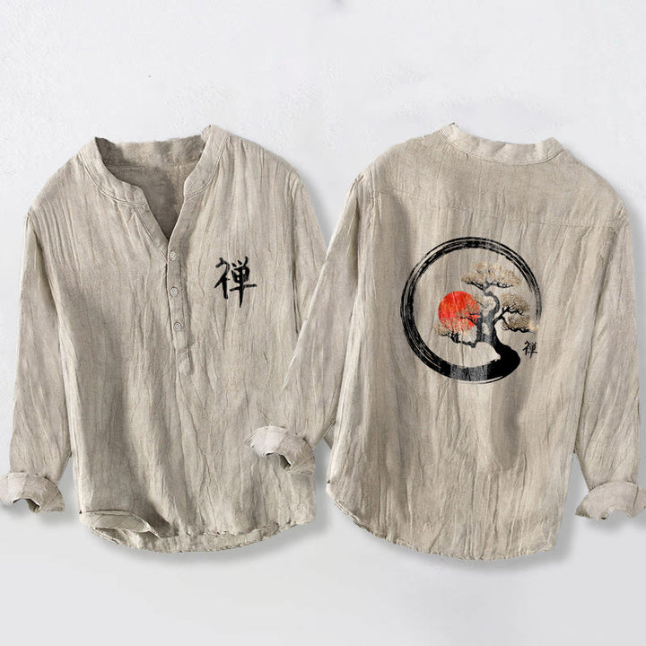 Camisa de manga larga de algodón y lino para hombre, con diseño de Buddha Stones, zen, pino y sol, con botones y medio cuello. - Lino - US/UK/AU50, EU60 (5XL) - image 3