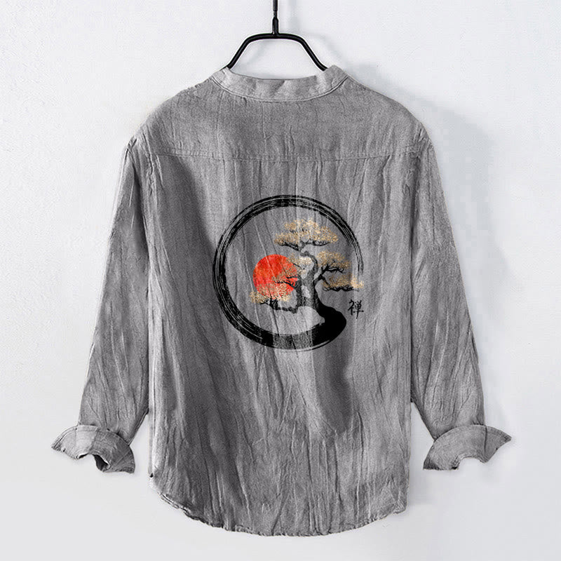 Camisa de manga larga de algodón y lino para hombre, con diseño de Buddha Stones, zen, pino y sol, con botones y medio cuello. - image 2