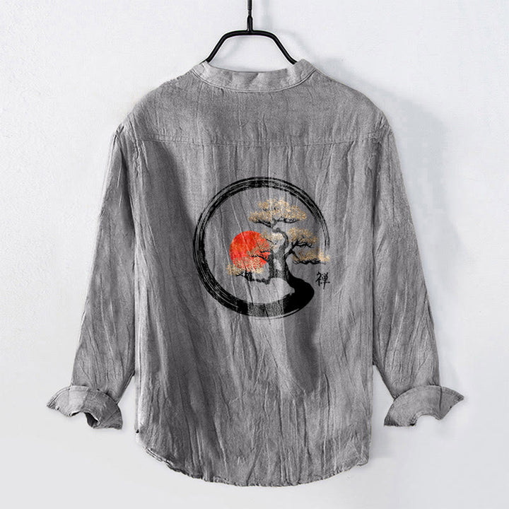 Camisa de manga larga de algodón y lino para hombre, con diseño de Buddha Stones, zen, pino y sol, con botones y medio cuello. - image 2